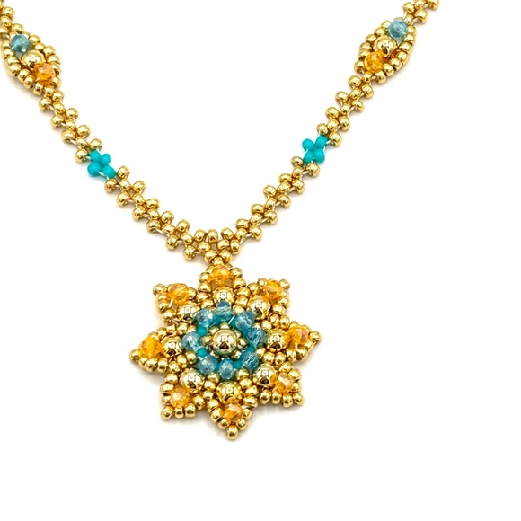 Hand Crafted Gold and Blue Floral Pendant Necklace - Picture 4 of 10